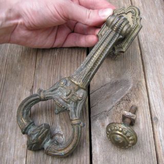 19th Century Antique Brass Door Knocker With Strike Plate