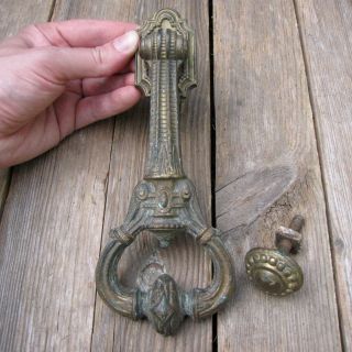 19th Century Antique Brass Door Knocker with Strike Plate 2