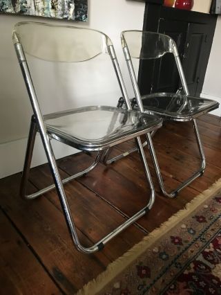 Pair (2) Of Vintage Clear Folding Lucite And Chrome Chairs