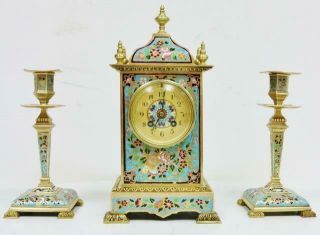 Stunning Antique French 8 Day Bronze Ormolu & Champleve Enamel Mantle Clock Set
