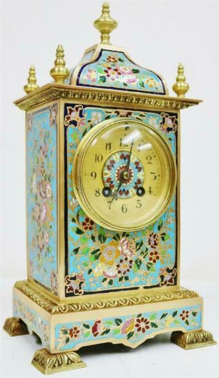 Stunning Antique French 8 Day Bronze Ormolu & Champleve Enamel Mantle Clock Set 2