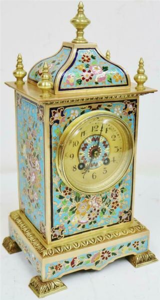 Stunning Antique French 8 Day Bronze Ormolu & Champleve Enamel Mantle Clock Set 3