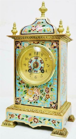 Stunning Antique French 8 Day Bronze Ormolu & Champleve Enamel Mantle Clock Set 4