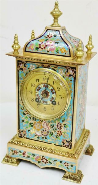 Stunning Antique French 8 Day Bronze Ormolu & Champleve Enamel Mantle Clock Set 5