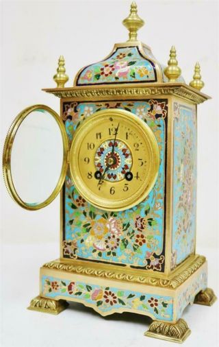 Stunning Antique French 8 Day Bronze Ormolu & Champleve Enamel Mantle Clock Set 7