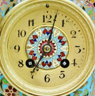 Stunning Antique French 8 Day Bronze Ormolu & Champleve Enamel Mantle Clock Set 8