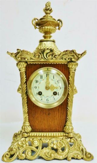 Antique Unusual Ornate French 8 Day Gong Striking Oak & Bronze Mantle Clock