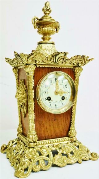 Antique Unusual Ornate French 8 Day Gong Striking Oak & Bronze Mantle Clock 2