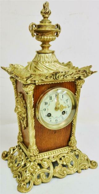 Antique Unusual Ornate French 8 Day Gong Striking Oak & Bronze Mantle Clock 3