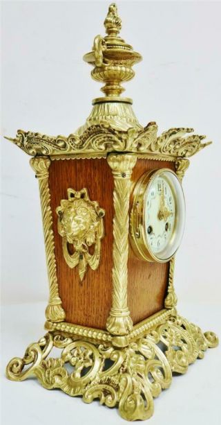 Antique Unusual Ornate French 8 Day Gong Striking Oak & Bronze Mantle Clock 4