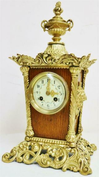 Antique Unusual Ornate French 8 Day Gong Striking Oak & Bronze Mantle Clock 5