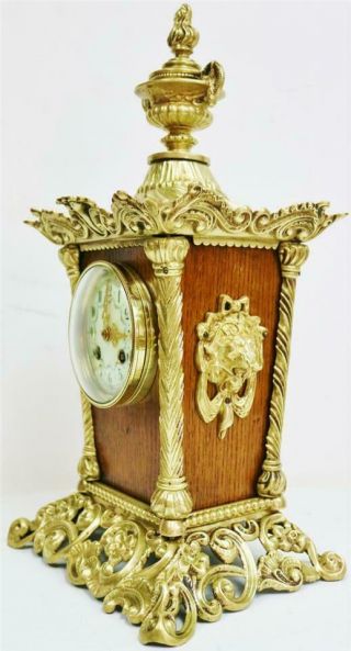 Antique Unusual Ornate French 8 Day Gong Striking Oak & Bronze Mantle Clock 6