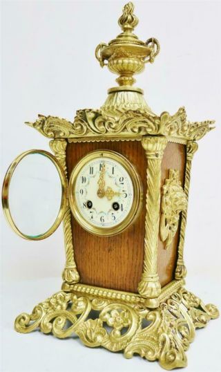 Antique Unusual Ornate French 8 Day Gong Striking Oak & Bronze Mantle Clock 8