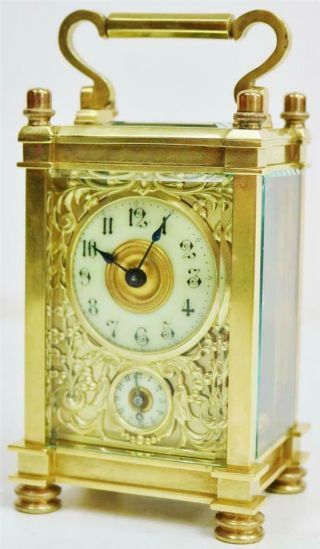 Rare Antique French 8 Day Gilt Brass Filigree & Glass Carriage Alarm Clock