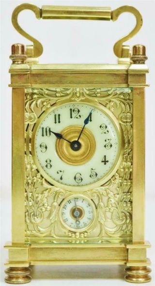 Rare Antique French 8 Day Gilt Brass Filigree & Glass Carriage Alarm Clock 2