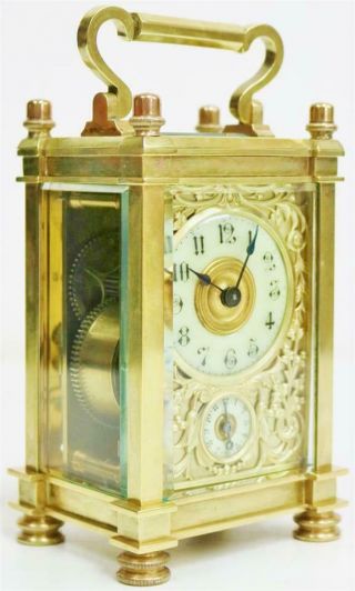 Rare Antique French 8 Day Gilt Brass Filigree & Glass Carriage Alarm Clock 3