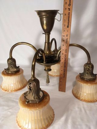 Antique Brass Chandelier 1920s Art Nouveau Hanging Light Fixture VTG Craft Shade 12