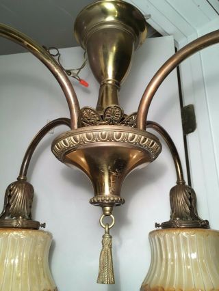 Antique Brass Chandelier 1920s Art Nouveau Hanging Light Fixture VTG Craft Shade 4