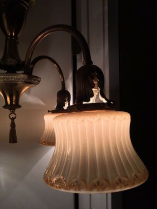 Antique Brass Chandelier 1920s Art Nouveau Hanging Light Fixture VTG Craft Shade 5