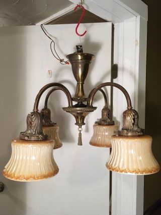 Antique Brass Chandelier 1920s Art Nouveau Hanging Light Fixture VTG Craft Shade 9