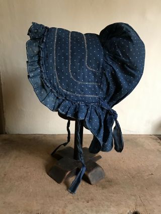 Best Early Antique Blue Calico Handmade Ladies Large Bonnet 19th C Textile Aafa