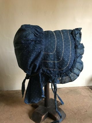 BEST Early Antique Blue Calico Handmade Ladies Large Bonnet 19th C Textile AAFA 2