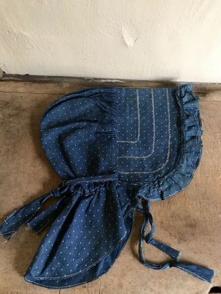 BEST Early Antique Blue Calico Handmade Ladies Large Bonnet 19th C Textile AAFA 3