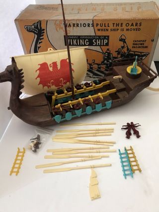 Vintage Hard Plastic Renwal Viking Ship Playset With Box 245