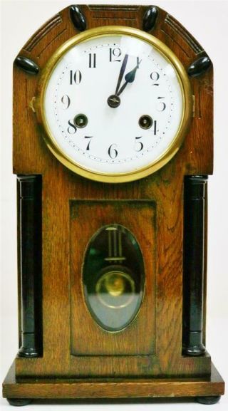 Antique German 8 Day Art Deco Style Solid Carved Oak Mantel Bracket Clock
