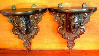 Antique Black Forest Carved Ebony Wall Shelves W Medieval Knights Heads