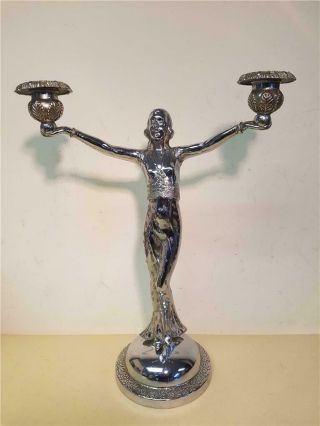 Vintage 1930s Chrome Art Deco Candelabra Large Lady Figure With Open Arms