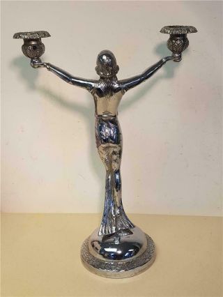 Vintage 1930s Chrome Art Deco Candelabra Large Lady Figure with Open Arms 3