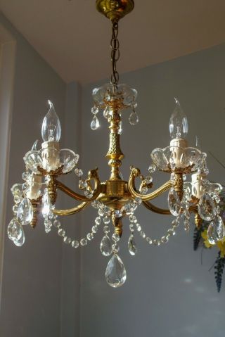 Quality Vintage French 5 Arm Brass Chandelier Light.  Crystal Drops.