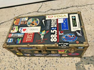 Vintage WOOD FOOT LOCKER w Travel Stickers trunk chest storage box coffee table 3