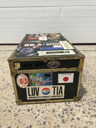 Vintage WOOD FOOT LOCKER w Travel Stickers trunk chest storage box coffee table 4