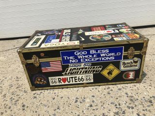Vintage WOOD FOOT LOCKER w Travel Stickers trunk chest storage box coffee table 5
