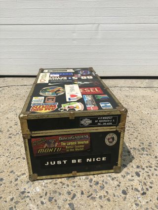 Vintage WOOD FOOT LOCKER w Travel Stickers trunk chest storage box coffee table 6
