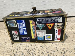Vintage WOOD FOOT LOCKER w Travel Stickers trunk chest storage box coffee table 9