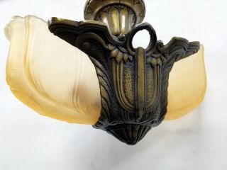 Vtg Rare Art Deco Electrolier 2 Slip Shade Fixture 1930 ' s 6