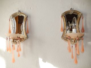 C 1920 French Pink Opaline Beaded Drops & Beads Murano Mirrors Crystal Sconces
