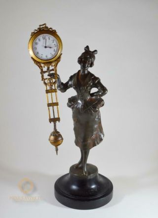 Antique Bronzed Spelter Figural Swinger Mystery Clock Jughans?