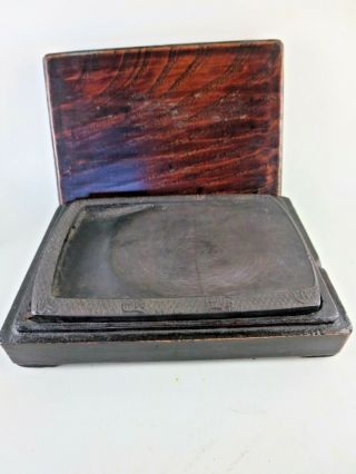 Antique Chinese Calligraphy Ink Stone In Rosewood Box