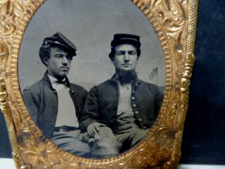 Civil War Two Soldiers Tintype Photo Gold Frame Hand On Friend 