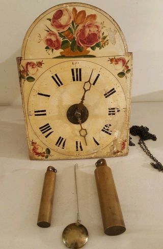 Antique 19th C.  German Victorian Wag On Wall Clock With Hand Painted Dial C.  1830