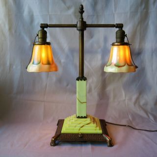 Art Deco Era Student/library Lamp - Rare Stepped Uranium Slag Glass Base & Body - A