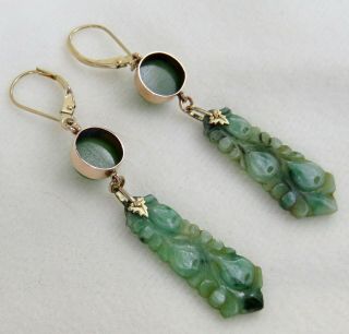 ANTIQUE CHINESE CARVED GREEN JADE with IMPERIAL JADE CABOCHONS 14K GOLD EARRINGS 10