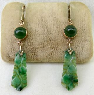 Antique Chinese Carved Green Jade With Imperial Jade Cabochons 14k Gold Earrings