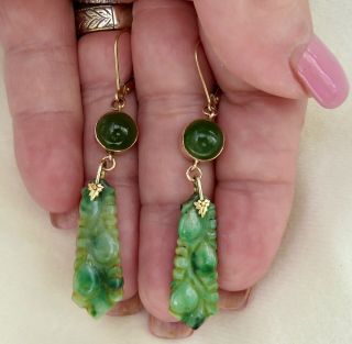 ANTIQUE CHINESE CARVED GREEN JADE with IMPERIAL JADE CABOCHONS 14K GOLD EARRINGS 2