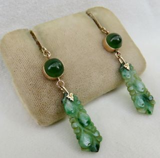 ANTIQUE CHINESE CARVED GREEN JADE with IMPERIAL JADE CABOCHONS 14K GOLD EARRINGS 3