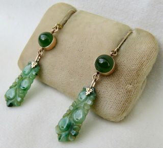 ANTIQUE CHINESE CARVED GREEN JADE with IMPERIAL JADE CABOCHONS 14K GOLD EARRINGS 4